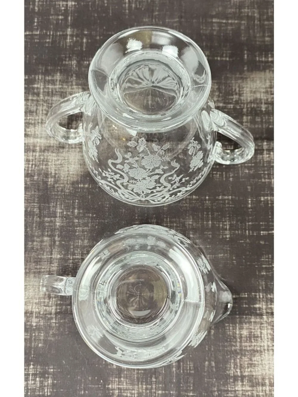 VTG 1940s Fostoria Romance Crystal Creamer Sugar Bowl Set Floral & Ribbon Etched - Picture 5 of 10